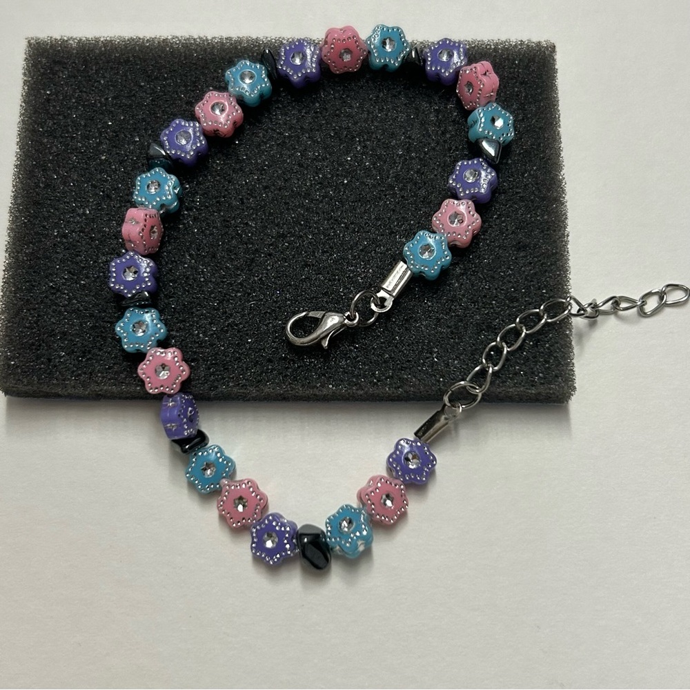 Anklet floral hematite beaded pastel blue pink purple